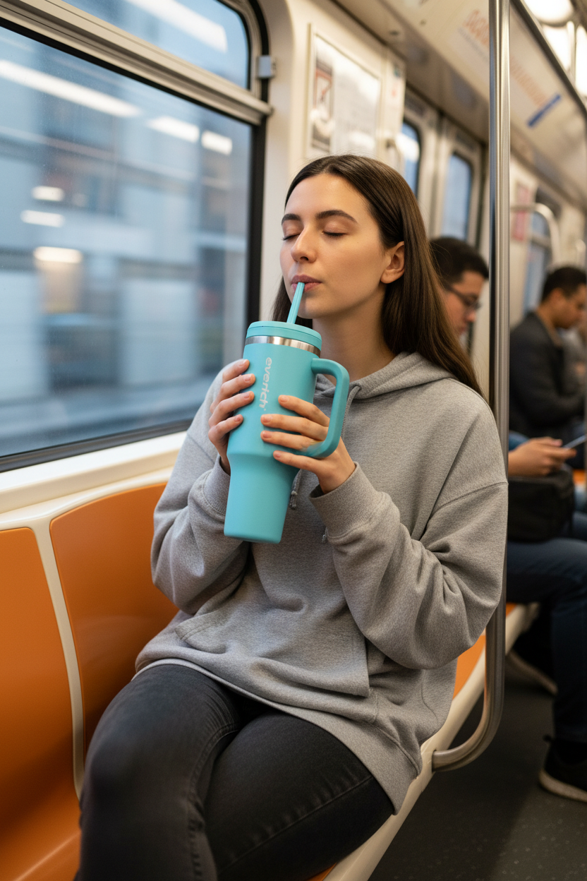 Fille dans le métro avec gobelet Everich