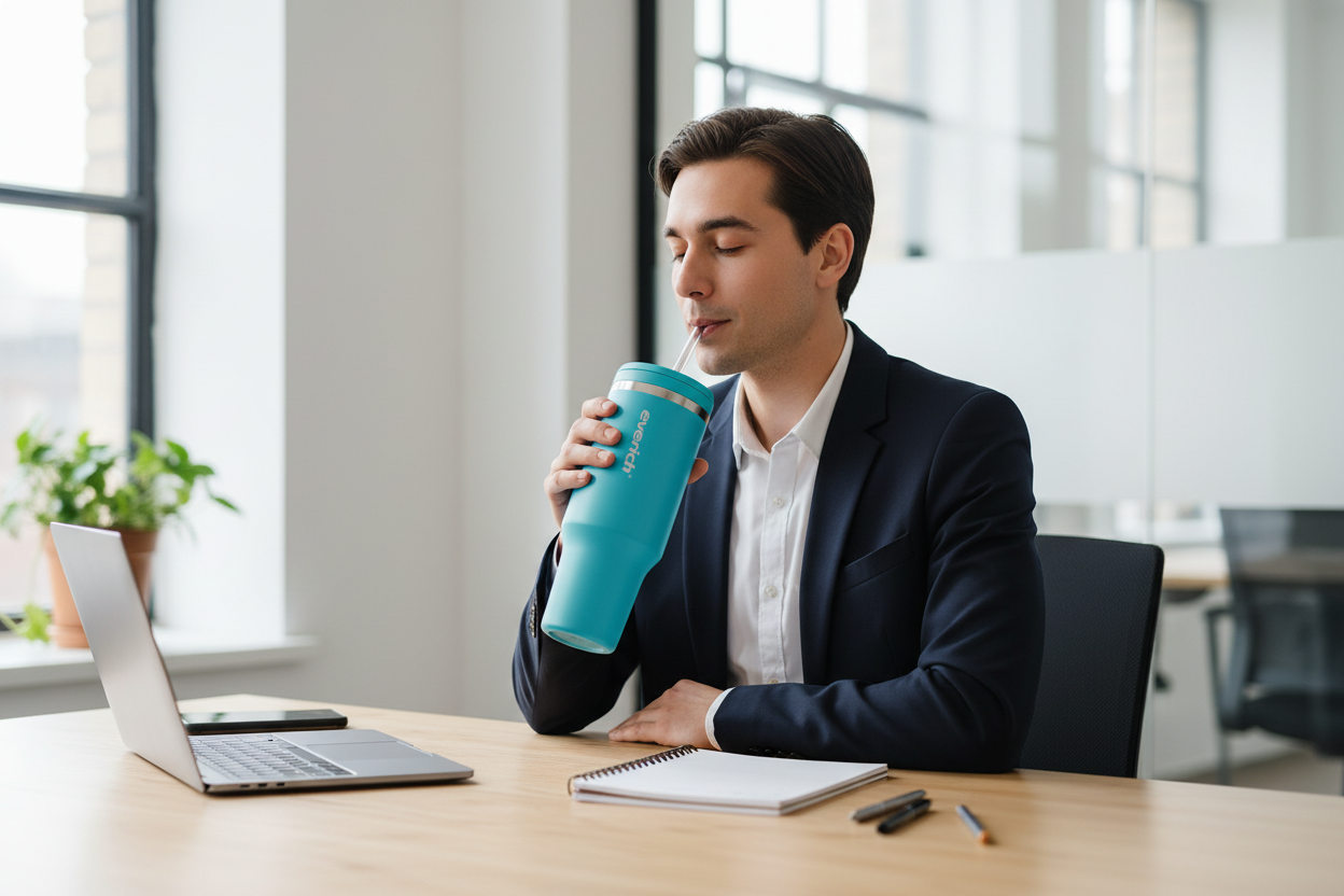 Personne au bureau avec gobelet Everich